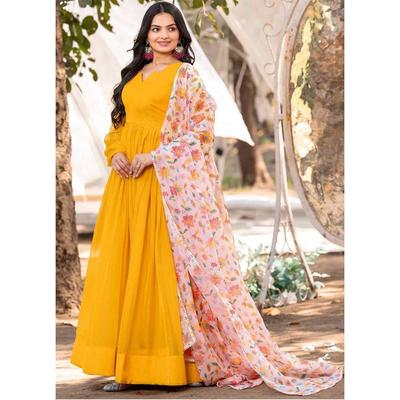Introducing Our Latest Creation, A Stunning Georgette Gown With A Digital Dupatta.  Elevate Your Style With This Elegant Ensemble.