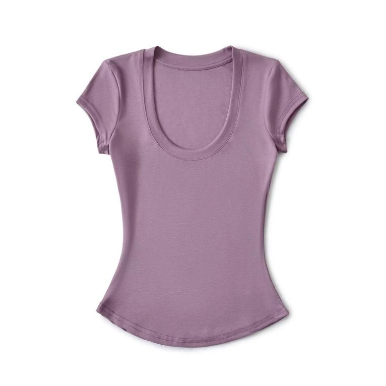 Summer new women's American Tencel U-neck short-sleeved front shoulder T-shirt Spice Girl solid color basic slim-fit and thin top