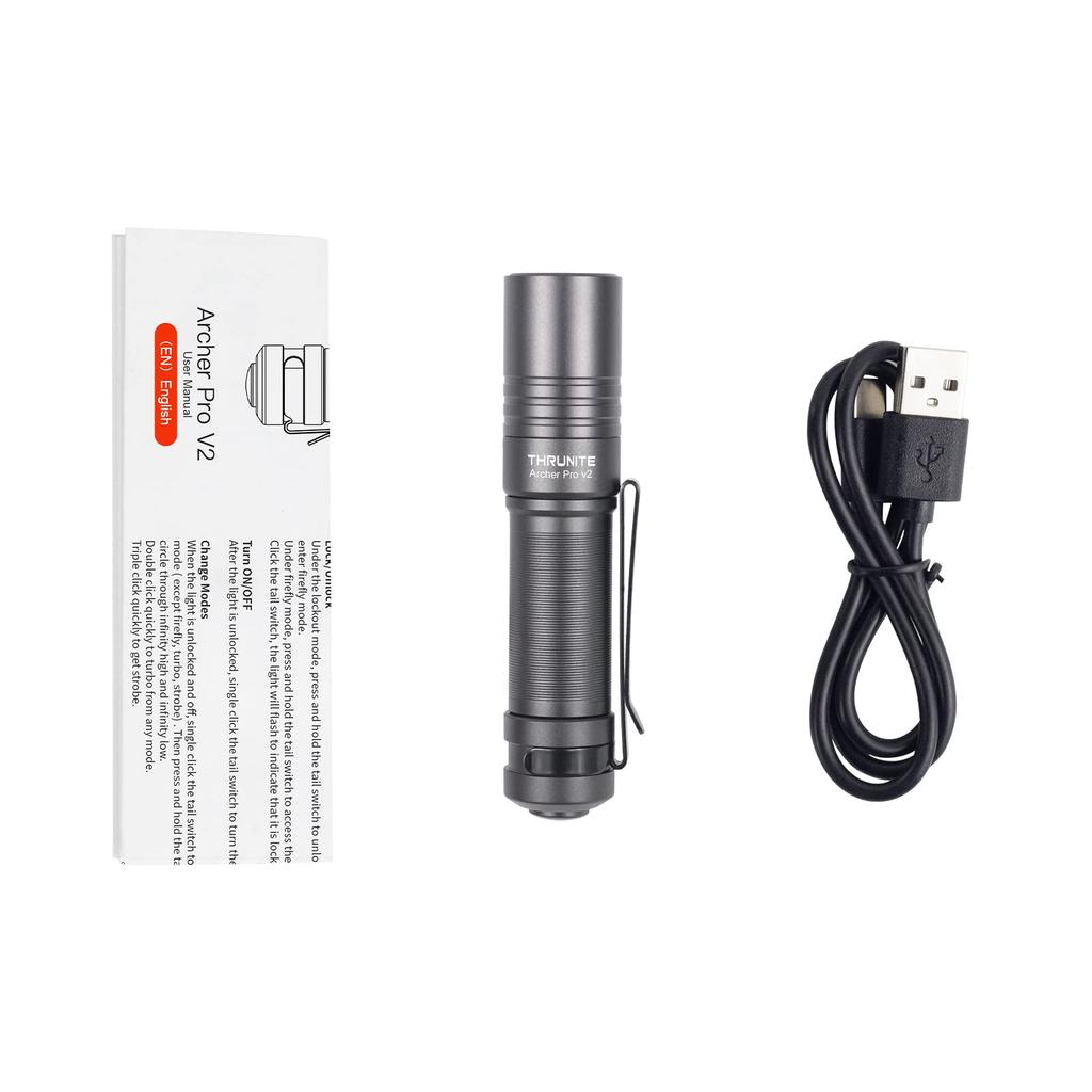 ThruNite ARCHER PRO V2 EDC Mini Tail Switch LED USB C Compact Pocket Flashlight with 4 Modes Lightweight for Emergency Outdoor and Power Outages Gray