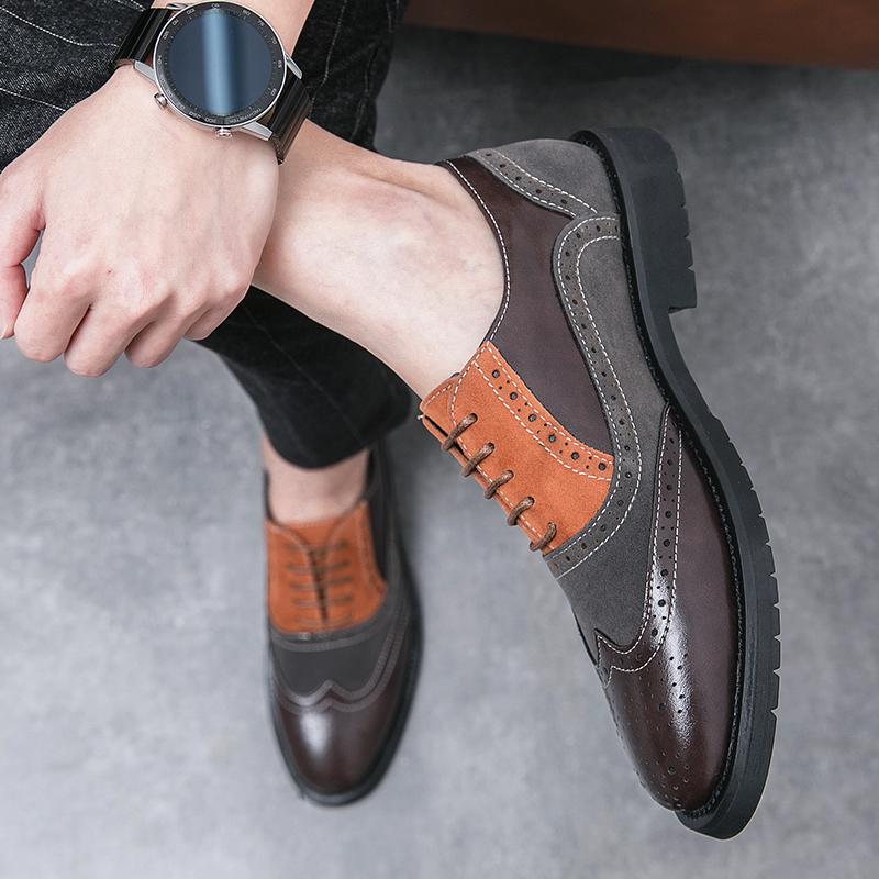 Fashion Drop Shipping Splicing Leather Men's Casual Oxfords Wingtip Toe Brogue Lace-up Business Office Company Flat Dress Shoes for Man