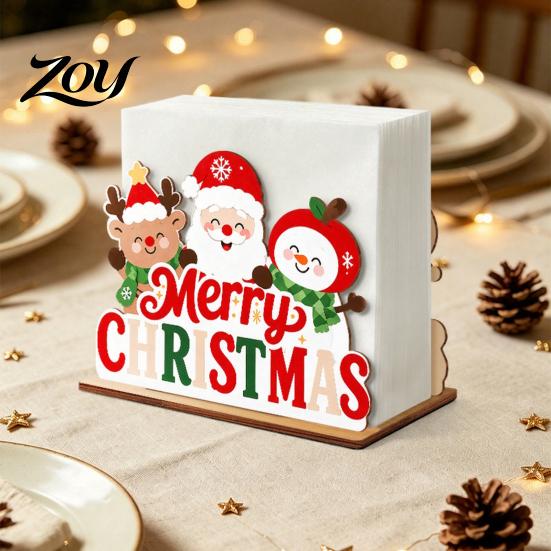 Decorative Wooden Napkin Stand Christmas Tissue Holder, Dispenser with Santa Gingerbread House Elk Rack Pattern, Organizer for Dining Table