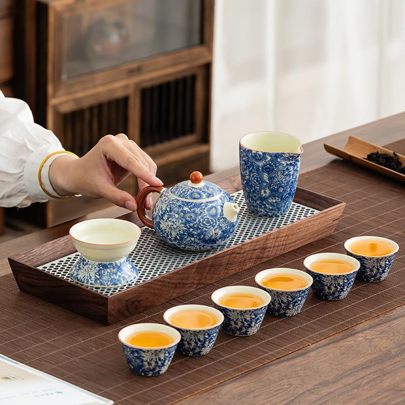 Ru Kiln Ancient Rhyme Kung Fu Tea Set Household Light Luxury High-end Ceramic Cover Bowl Teapot Teacup Complete Set High-end Gift Box