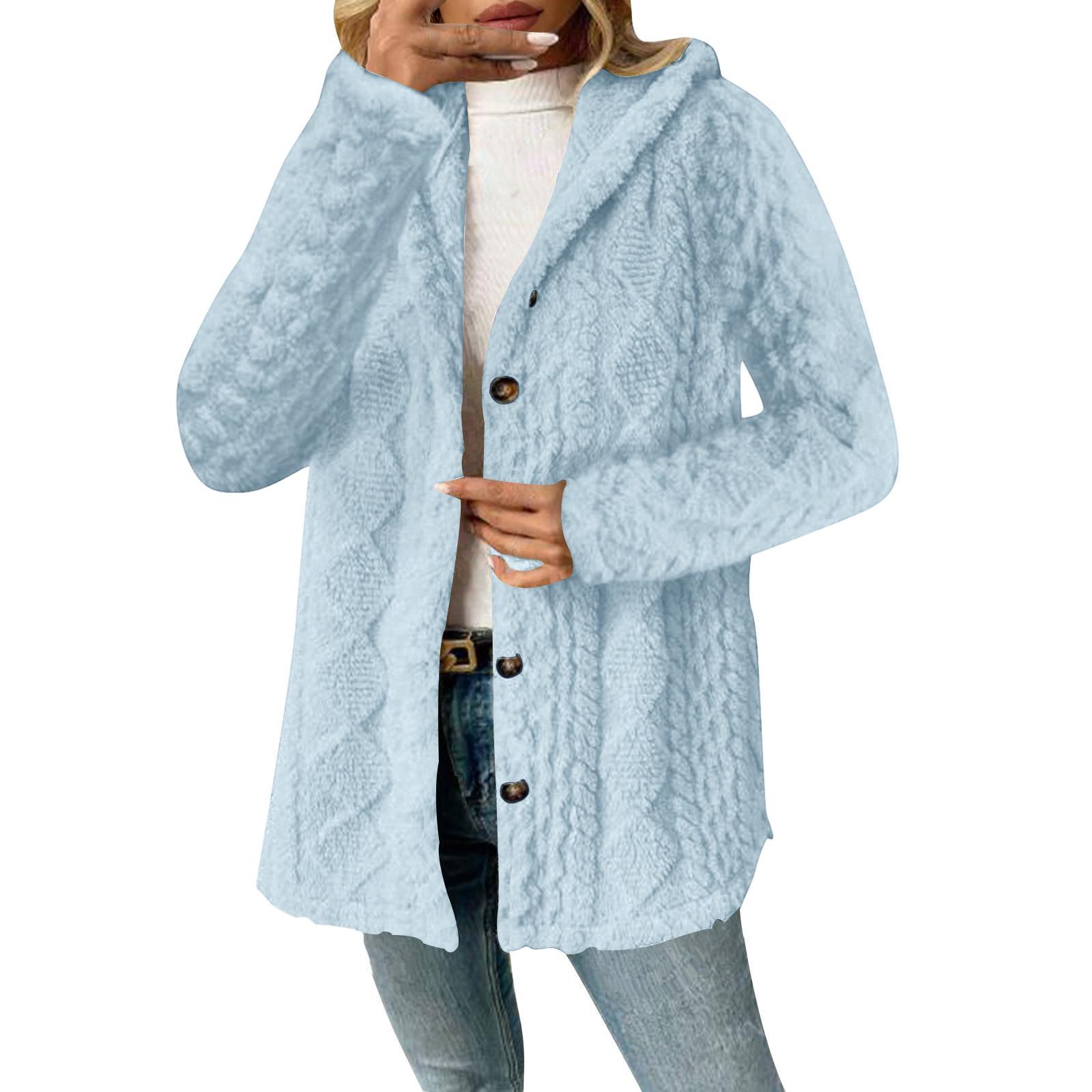 

Женский однотонный модный повседневный теплый модный кардиган с капюшоном и плюшевой отделкой Diamond XXXXXL небесно-голубой