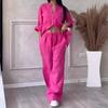 Casual Cotton Linen Solid Color Shirt & Drawstring Wide Leg Pants Set