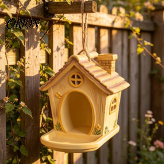 Garden Ornament for Bird Lovers House Shape Hanging Feeder Outdoor Decor, Weatherproof Resin Wild Rustic Feeding Station with Large Capacity