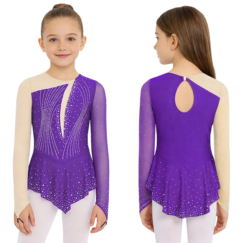 Girls Figure Skating Dance Dress: Long Sleeves Finger Holes Keyhole Back Mesh Patchwork Shiny Rhinestones Asymmetrical Hem