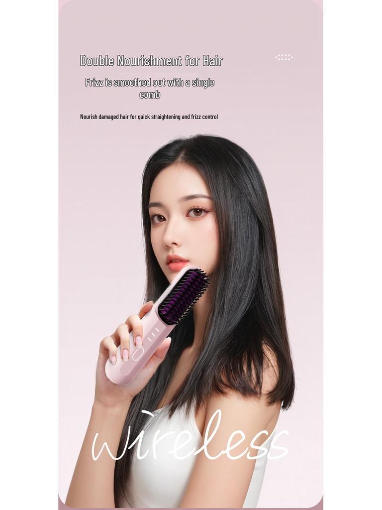 USB Rechargeable Wireless Straightening Brush with Negative Ions - No Damage, Wet/Dry Use, Portable Curling Iron