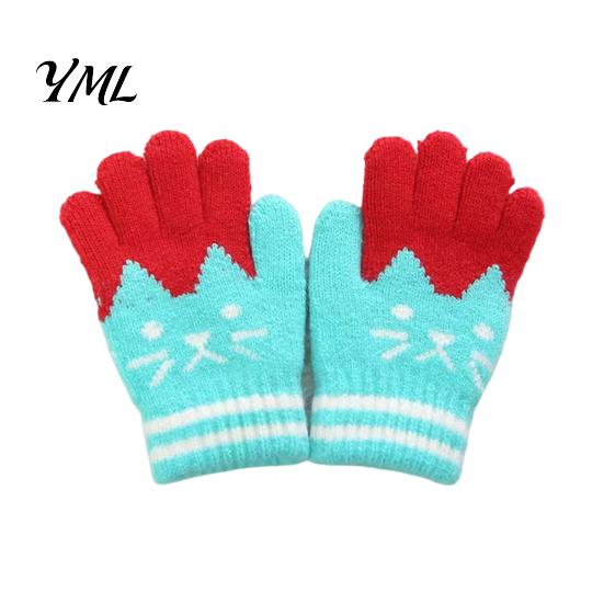 Playful Jacquard Gloves for Daily Wear 1 Pair Kids Winter Gloves, Cozy Thick Lined Mittens with Flexible Knitted Writing Playing Cute Cat Pattern,
