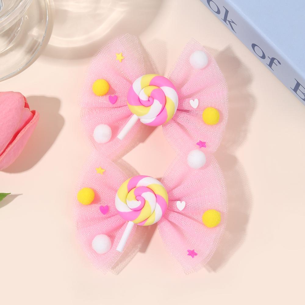 2Pcs Cute Lollipop Bow Hair Clips Sweet Mesh Bow Heart Hairpins Pom-Pom Accent Barrette For Girls Children Hair Accessories