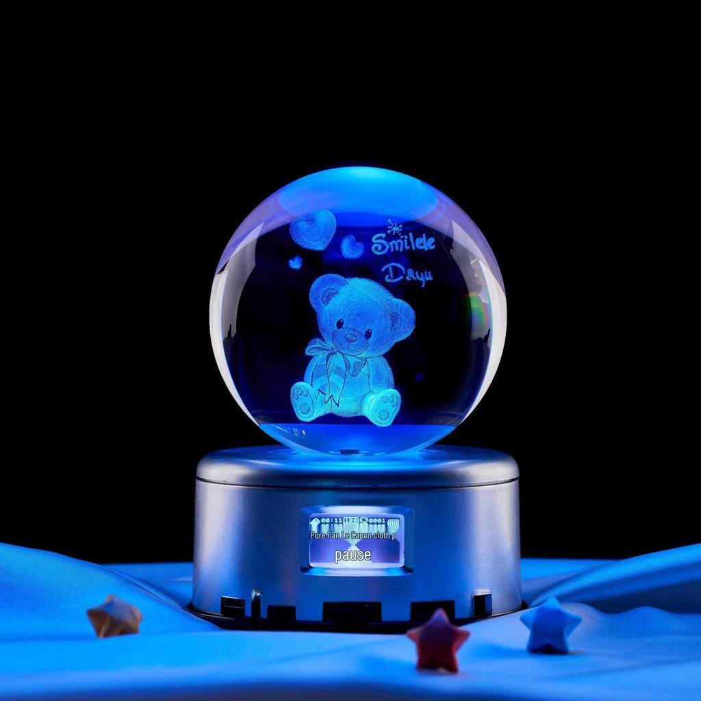 Luminous Teddy Bear Crystal Ball Night Light with Wooden Base - Creative Desktop Decoration Gift.
