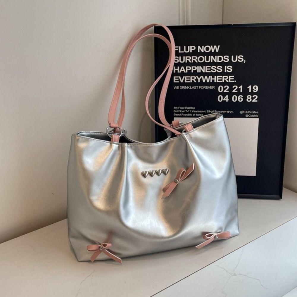 

Simple Balletcore Bow Handbag PU Leather Heart Underarm Bag Casual Bow Tie Shoulder Bag Girls серебряный