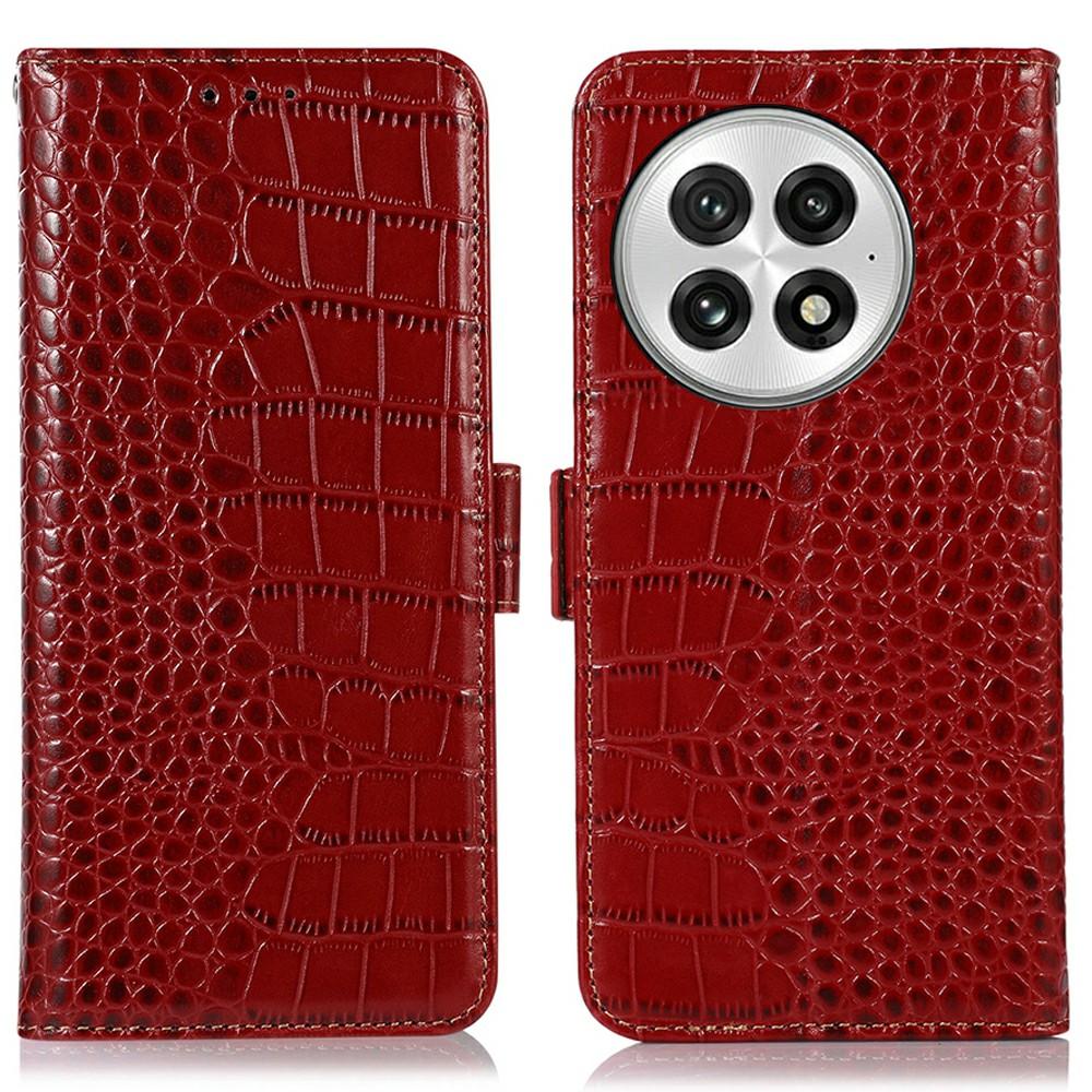 For OnePlus 13 Case Crocodile Texture Genuine Cow Leather Phone Wallet Cover