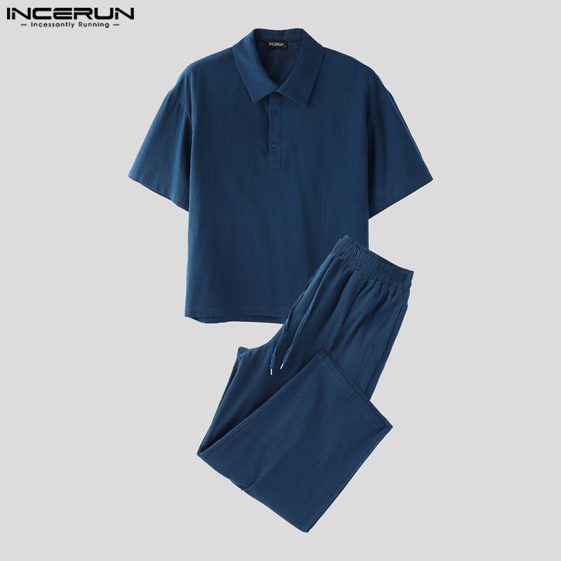 INCERUN Vintage Two Pieces Men Lapel Neck Short Sleeve T-Shirt Long Straight Pants Outfits