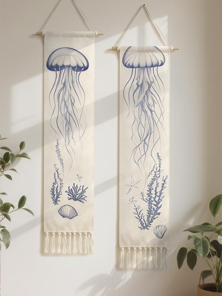 Boho Jellyfish Tapestry Wall Hanging Nautical Style Macrame Tapestries Decor with Tassels Wall Decorations for Home Bedroom Gift