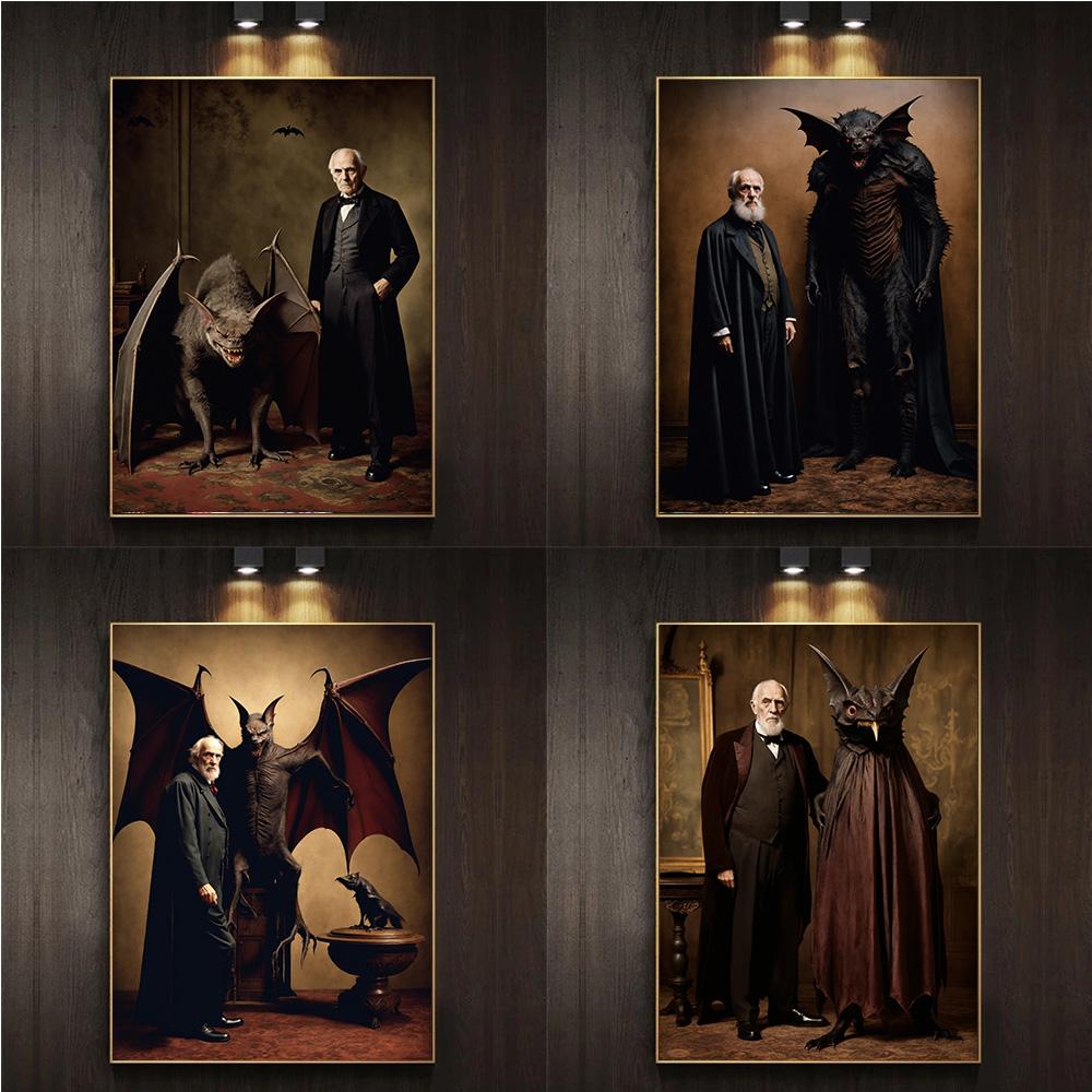Old Vampire Man With Giant Monster Vintage Tabletop Photo Prints Poster Canvas Painting Wall Art Pictures Living Room Home Decor