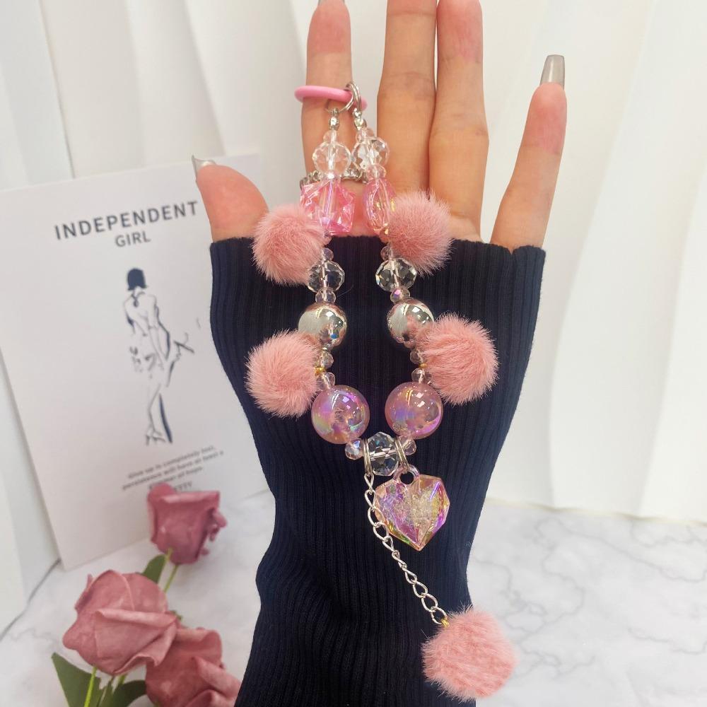 

Vintage Mobile Phone Lanyard Wrist Strap Anti-loss Phone Strap Plush Ball Beaded Pendant Women розовый