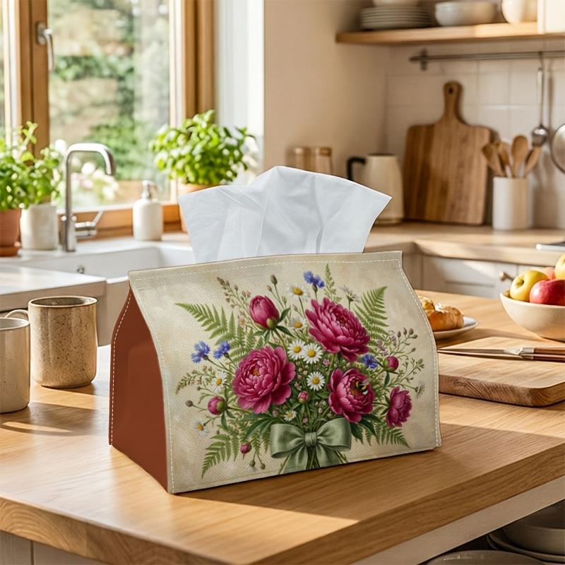 1pc Vintage Peony Bouquet Tissue Holder - A Versatile Napkin Dispenser Available in Two Sizes, Crafted from Sturdy Polyester And Adorned with a Pink F