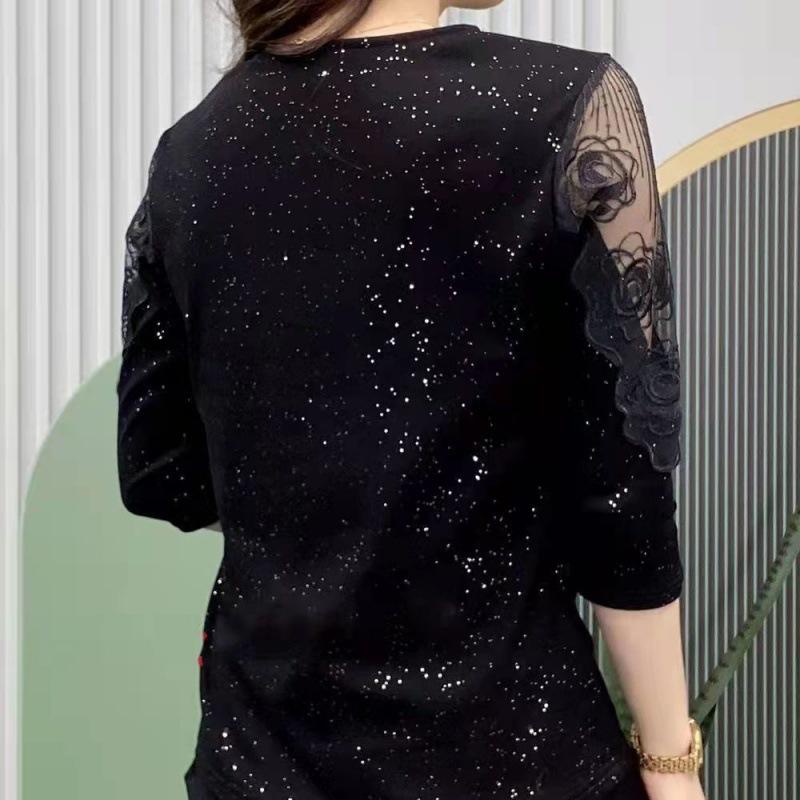 Rhinestone Lace Base Layer Women Spring Summer Short Sleeve V Neck Tee Fashion Versatile Slim Fit Elegant Blouse