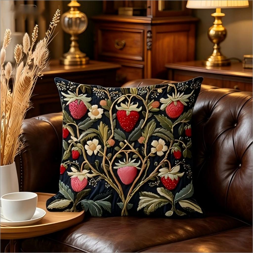 William Morris Style Strawberry Vine Print Throw Pillow Cover, Vintage Botanical Floral Decorative Cushion For Sofa Couch
