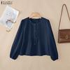 Women Casual Round Neck Solid Color Long Sleeve Blouse