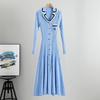Autumn Elegant Slim Knitted Long Dress Women's Letter Single Breasted Long Sleeved Designer Vintage Dresses Winter Sweater