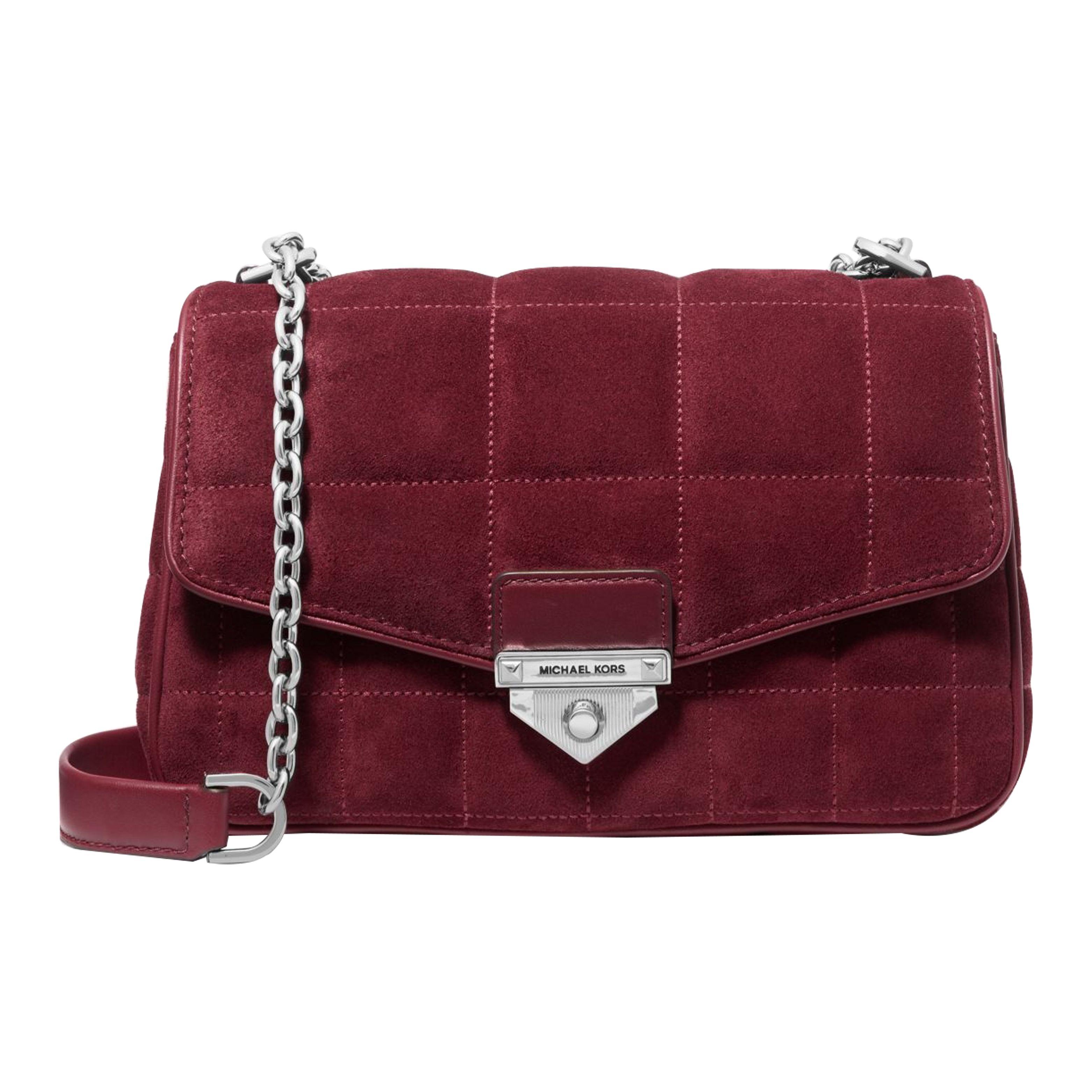 Michael Kors MK Soho Logo Embossed Polished Metal Accessories Suede Leather And Smooth Leather Handheld Crossbody Shoulder Bag 30F2S1SL3S-MERLOT Basic Set (Bag+Dust Bag)