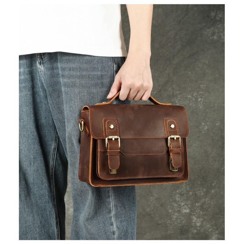 European American Retro Men's Crazy Horse Leather Handbag Top Layer Cowhide High-end Small Square Bag Crossbody Messenger