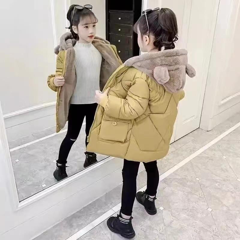 Winterlicher Mädchen-Baumwollmantel mit Kapuze im koreanischen Stil mit Fleecefutter - Mittellange und warme Jacke