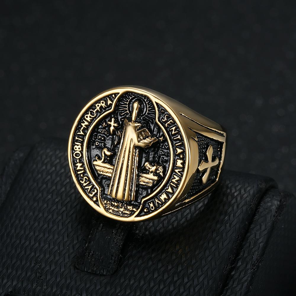 Hip Hop Dorato St. Anello Benedict in Acciaio al Titanio per Uomo Gioielli Religiosi alla Moda