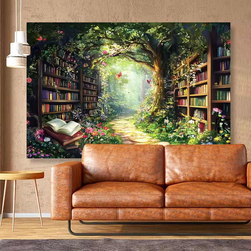2D Fairy Tale Enchanted Bookshelf Forest Tapestry, Wall Decor for Wedding & Events