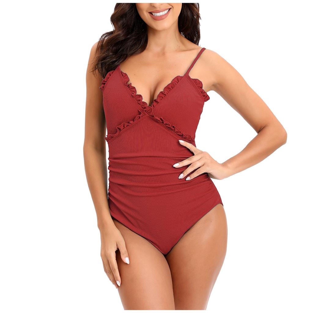 One Piece Swimsuit for Women with Built-in Chest Pad Wireless Support Adjustable Straps Ruffled Trim Solid Color Swimwear