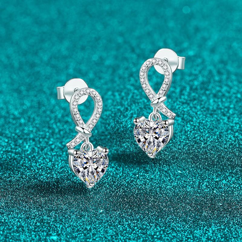 Sterling Heart Knot Drop Earrings Women With 2ct Moissanite 6.5mm Zircon Fresh Sweet Style Jewelry