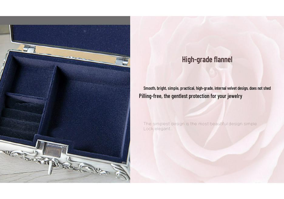 European Rose Carved Metal Jewelry Box with Lock - Necklace and Birthday Gift Storage