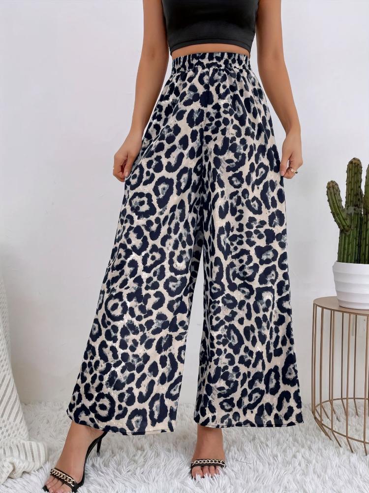 Spring Women's Fashion Classic Leopard Print Elastic Waist Draped Loose Casual Wide-Leg Pants