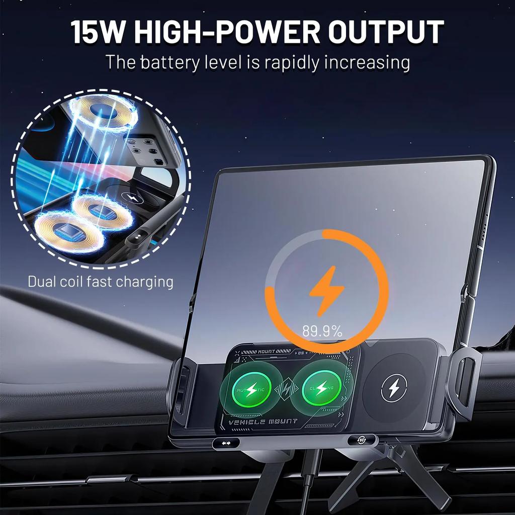 2-in-1 Automatic Rotating Phone Mount, One-Touch Operated Vent-Mounted Holder Compatible with Smartphones, Tablets, and Foldable