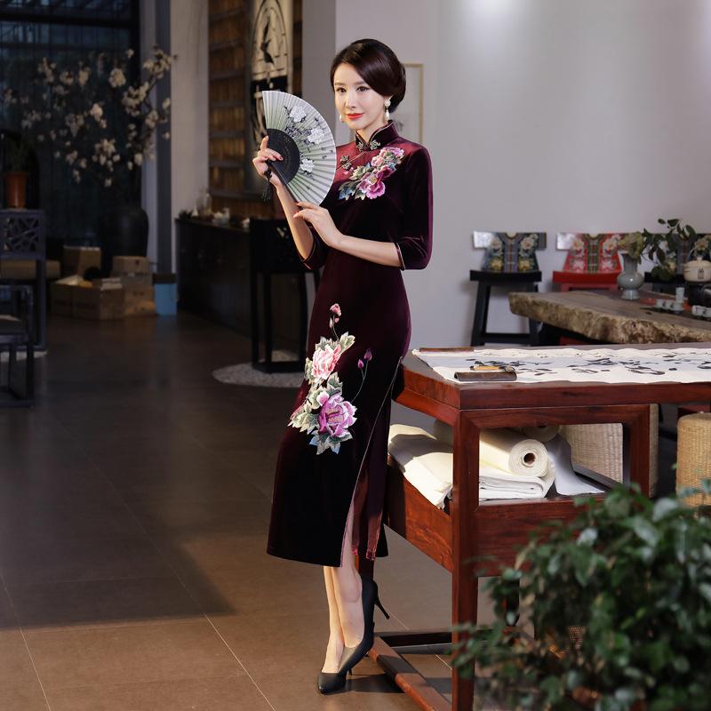 T0011-B New velvet long cheongsam improved daily banquet large size performance clothes women's Chinese style
