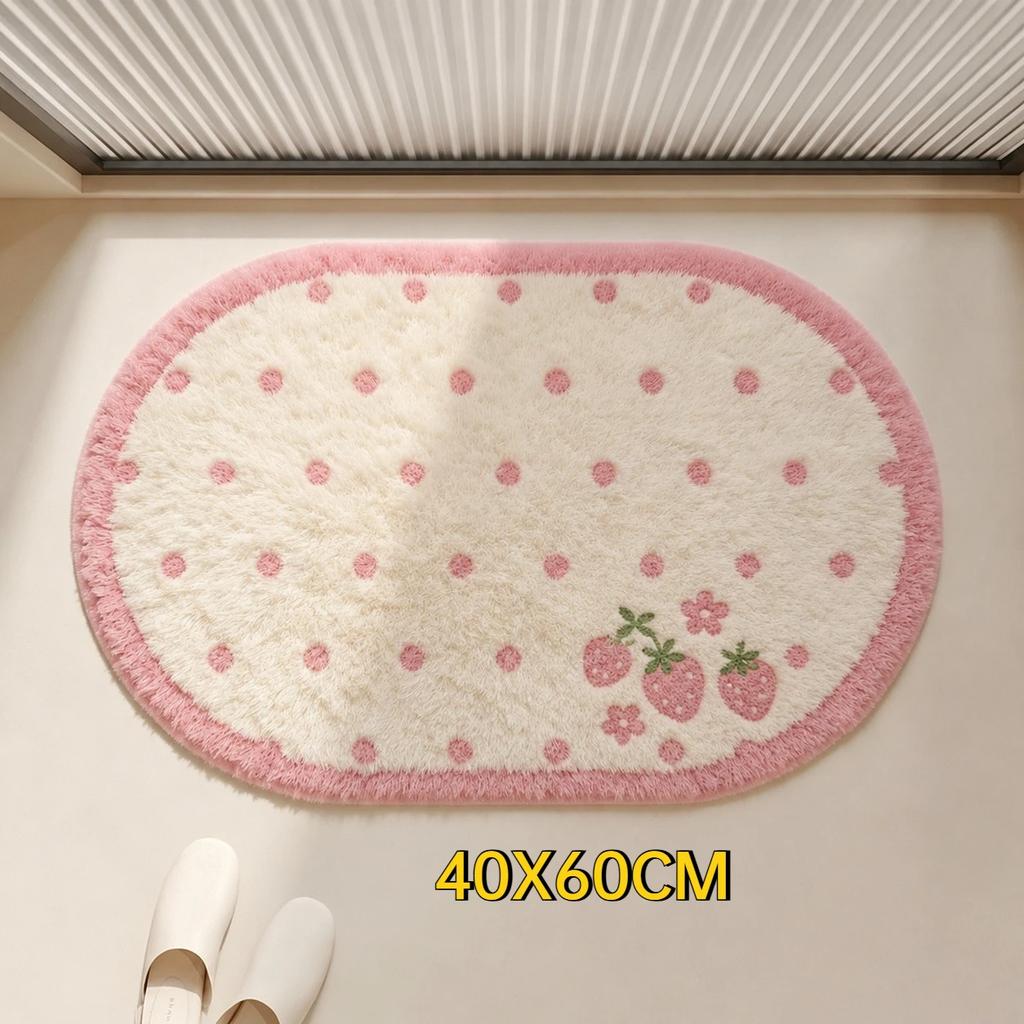 Cute Strawberry Non-Slip Bath Mat Soft Plush Absorbent Polka Dot Shower Rug for Bathroom Home