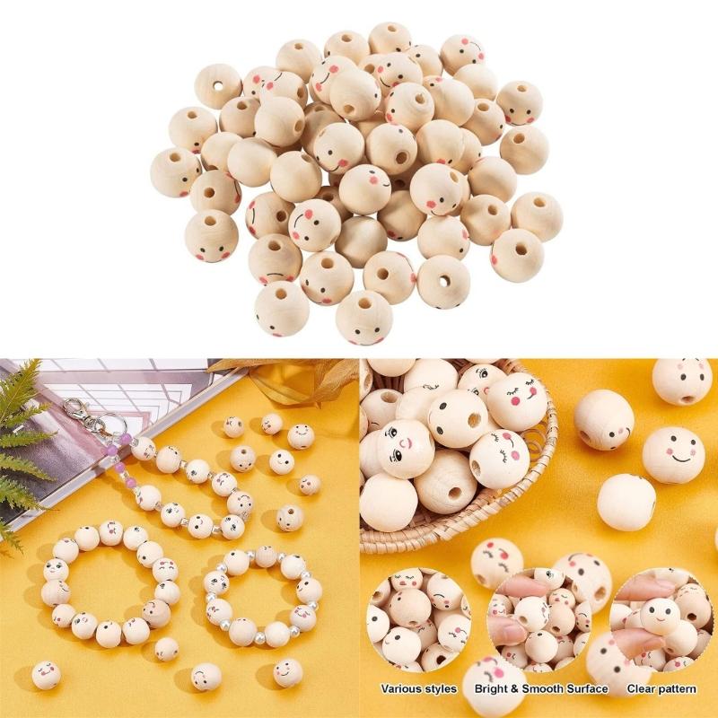 60Pcs Wooden Craft Bead Smiling Face Bead 20mm Wooden Bead for Jewelry Making Gift Bag Drawstring Keychain DIY Crafts