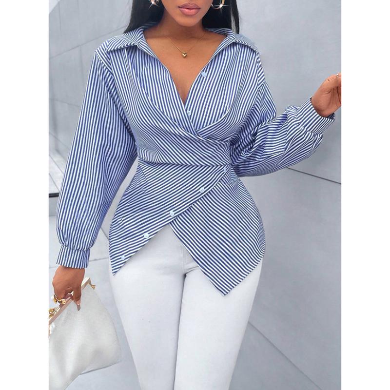 

Полосатая женская футболка с V-образным вырезом, длинными рукавами, кружевной застежкой на пуговицы, модная, универсальная, в повседневном городском стиле, весенний топ S синий