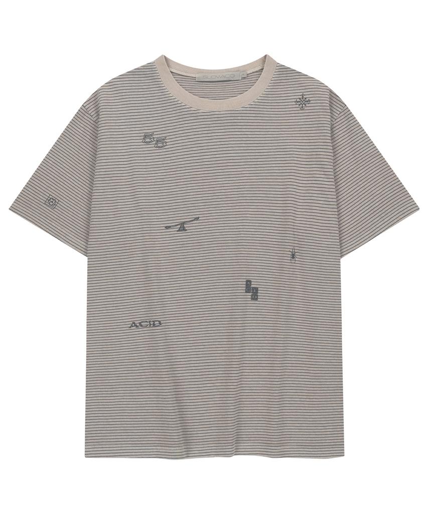 SLOWACID Pigment Stripe Stamp Short Sleeve T-Shirt [Oatmeal]