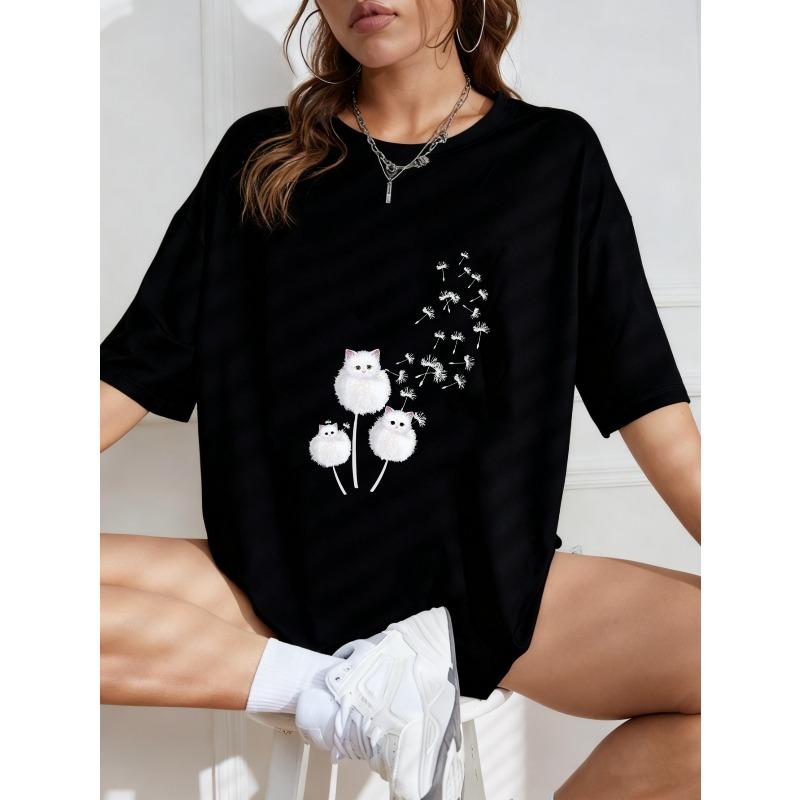 White Oversized T Shirt With Cute Cat Print For Casual Wear