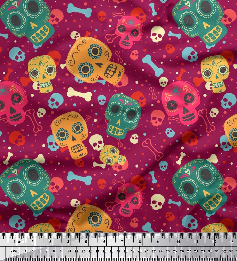 

Тканина для рукоділля Soimoi Japan Crepe Satin Dot, Bone & Skull Printed на метри 42 дюйми 42 Inch Wide - Poly Crepe червоний