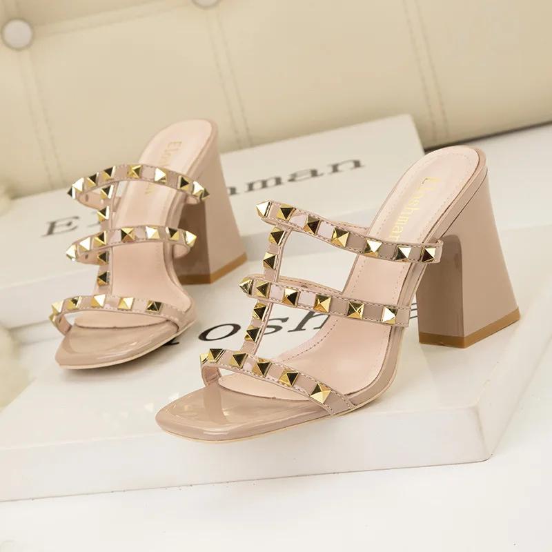 Women Summer Fashion Rivets PU Leather High Heel Sandals Lady Square Heel  Fish Mouth Slippers Woman Casual Sandal Slip-on Shoes