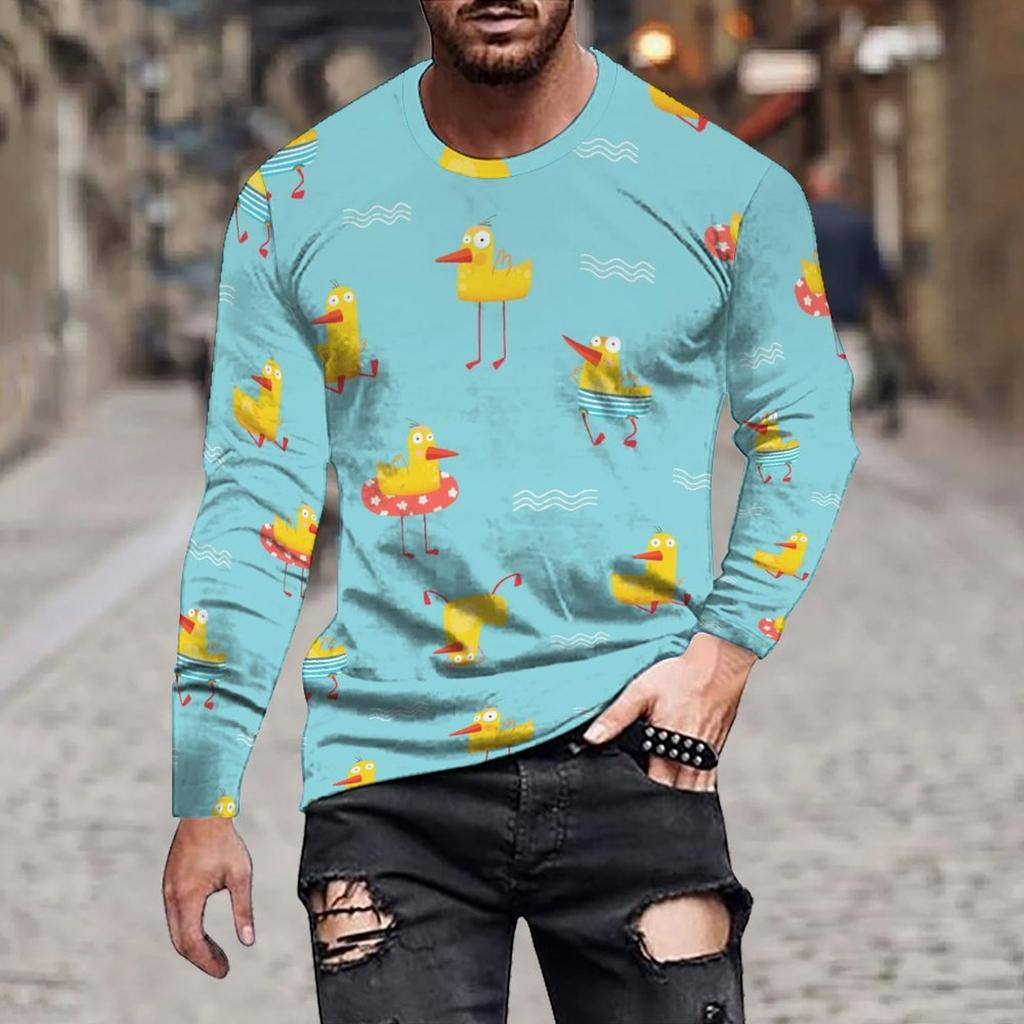 Cool Cartoon Graffiti Print T Shirt For Men Skull Robot Pattern Tees Autumn Casual Long Sleeves O-Neck Tops Loose T-Shirts