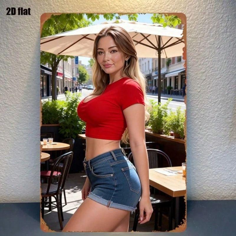 Metal Poster Red Denim Shorts Street Style Retro Bar Wall Decor