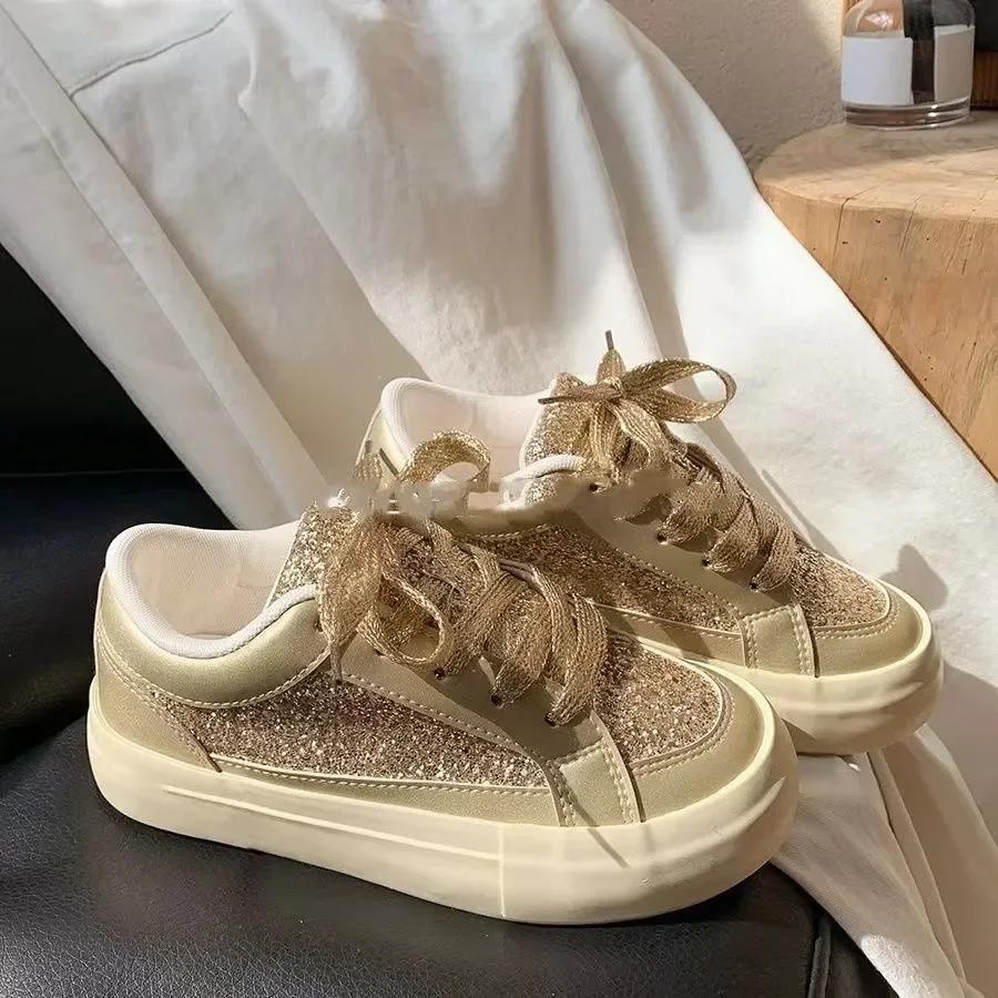 Adidași de vară pentru femei cu sclipici, cu talpă joasă, noi, cu șireturi, pantofi cu platformă pentru femei care măresc înălțimea, pantofi casual de exterior pentru femei