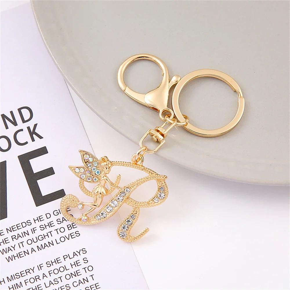 A-Z Rhinestone Elf Girl Letter Keychain Gold Color Initial Name Keyrings Girls Car Key Holder Handbag Purse Charms Decoration