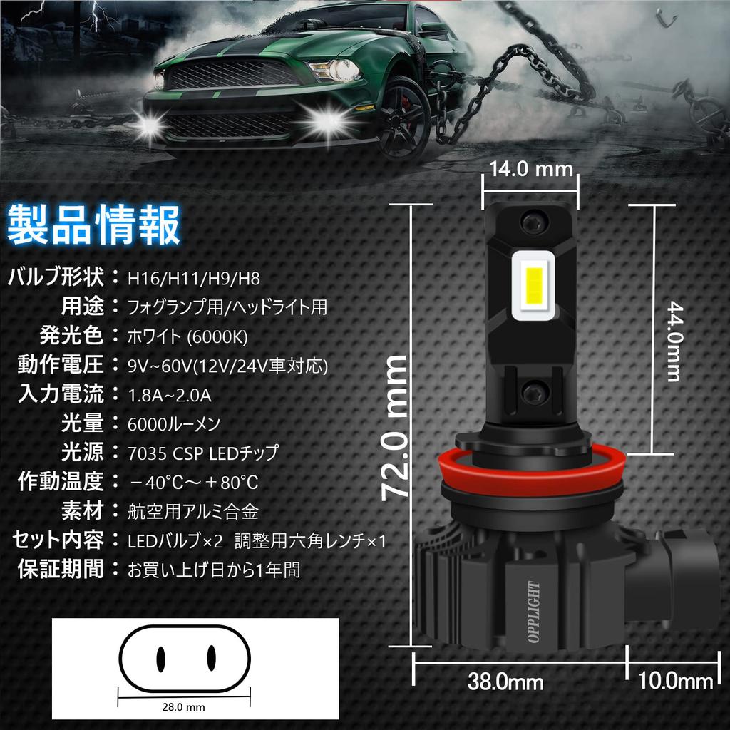 OPPLIGHT H11 LED Fog Lamp White 6000K Vehicle Inspection Compatible