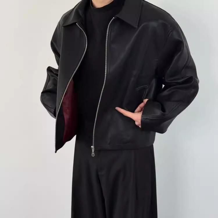 Men's High-End Retro Red-Lined PU Leather Jacket with Straight Shoulders and Top Lapel