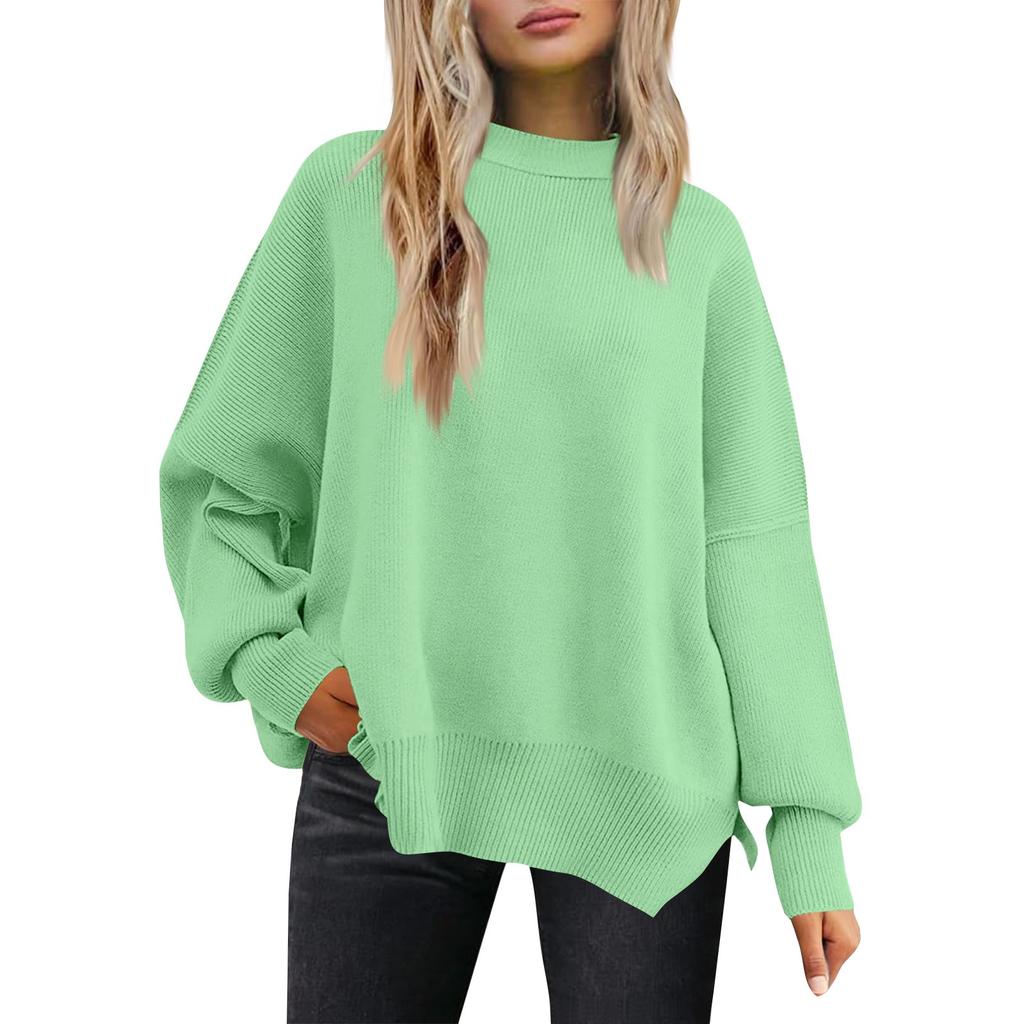Women's Fashion Round Neck Long Sleeve Sweater Knitted Side Slit Pullover